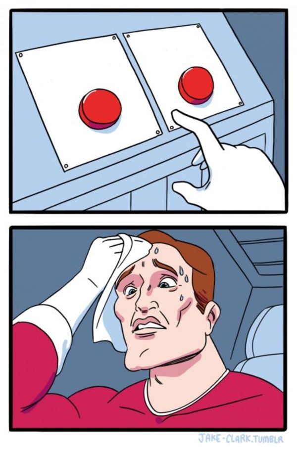 Two Buttons meme about Verb Products