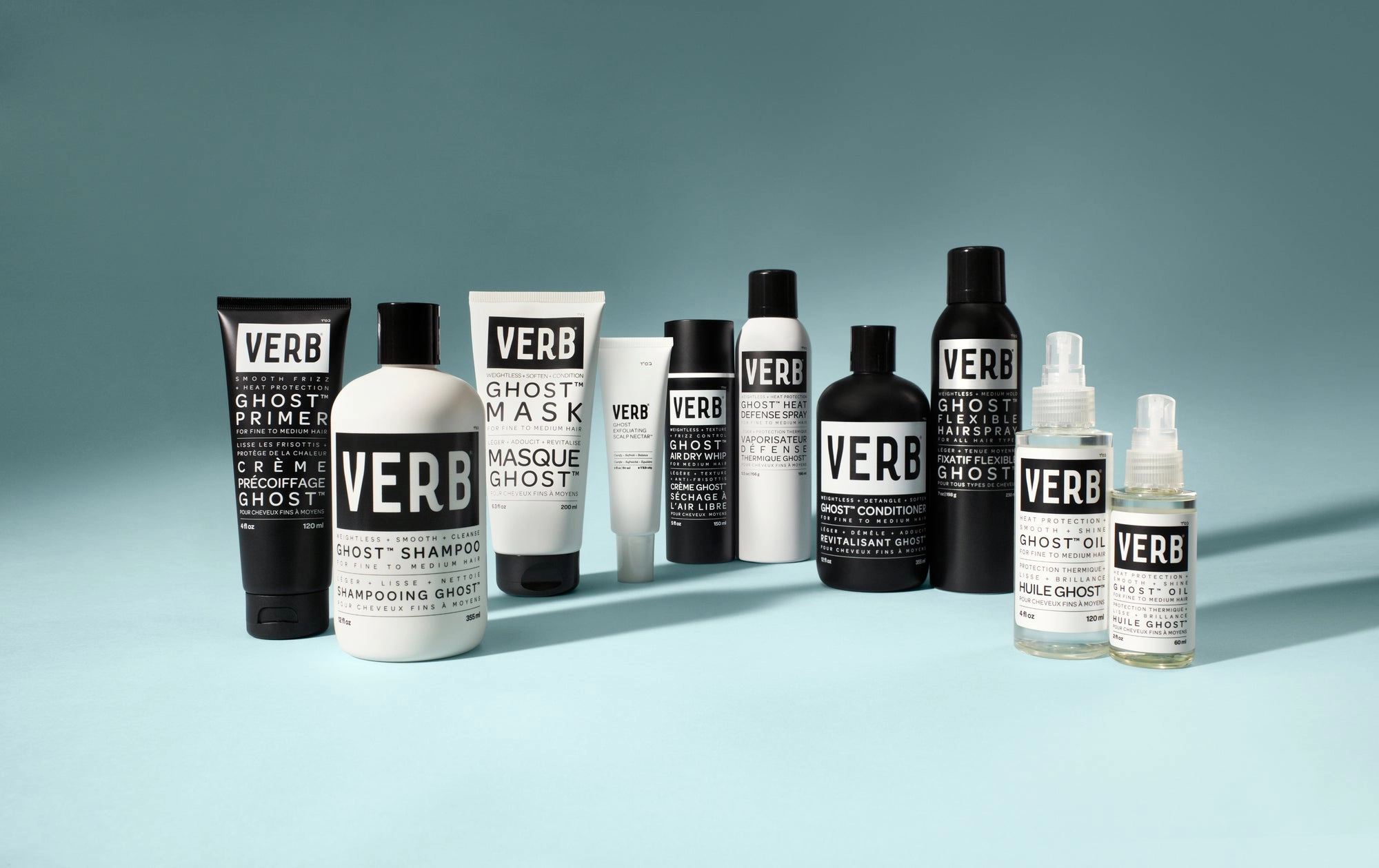 Ghost products on a pale teal backdrop