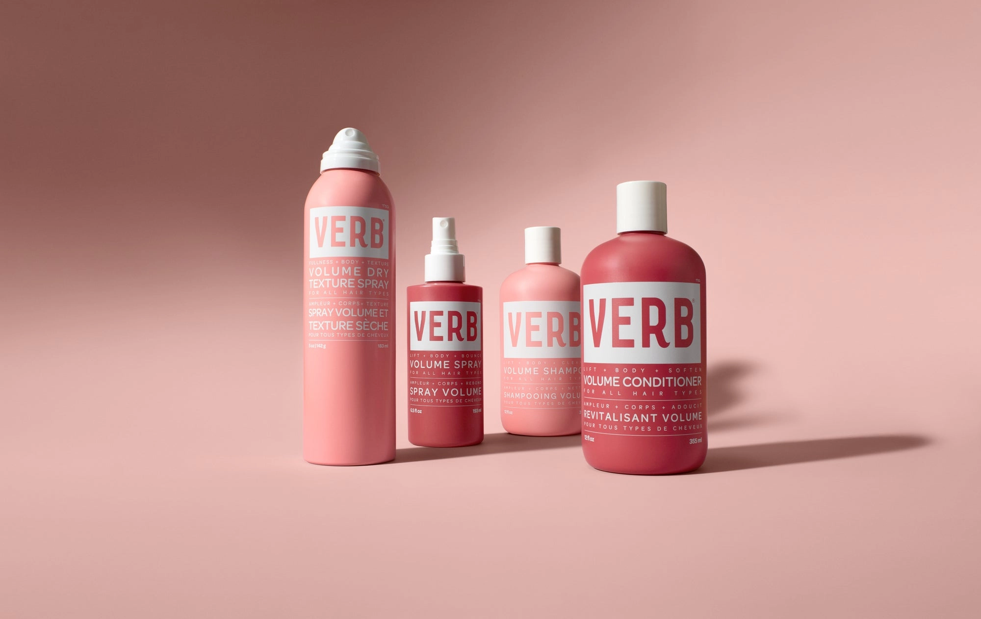 Volume products on a pink backdrop