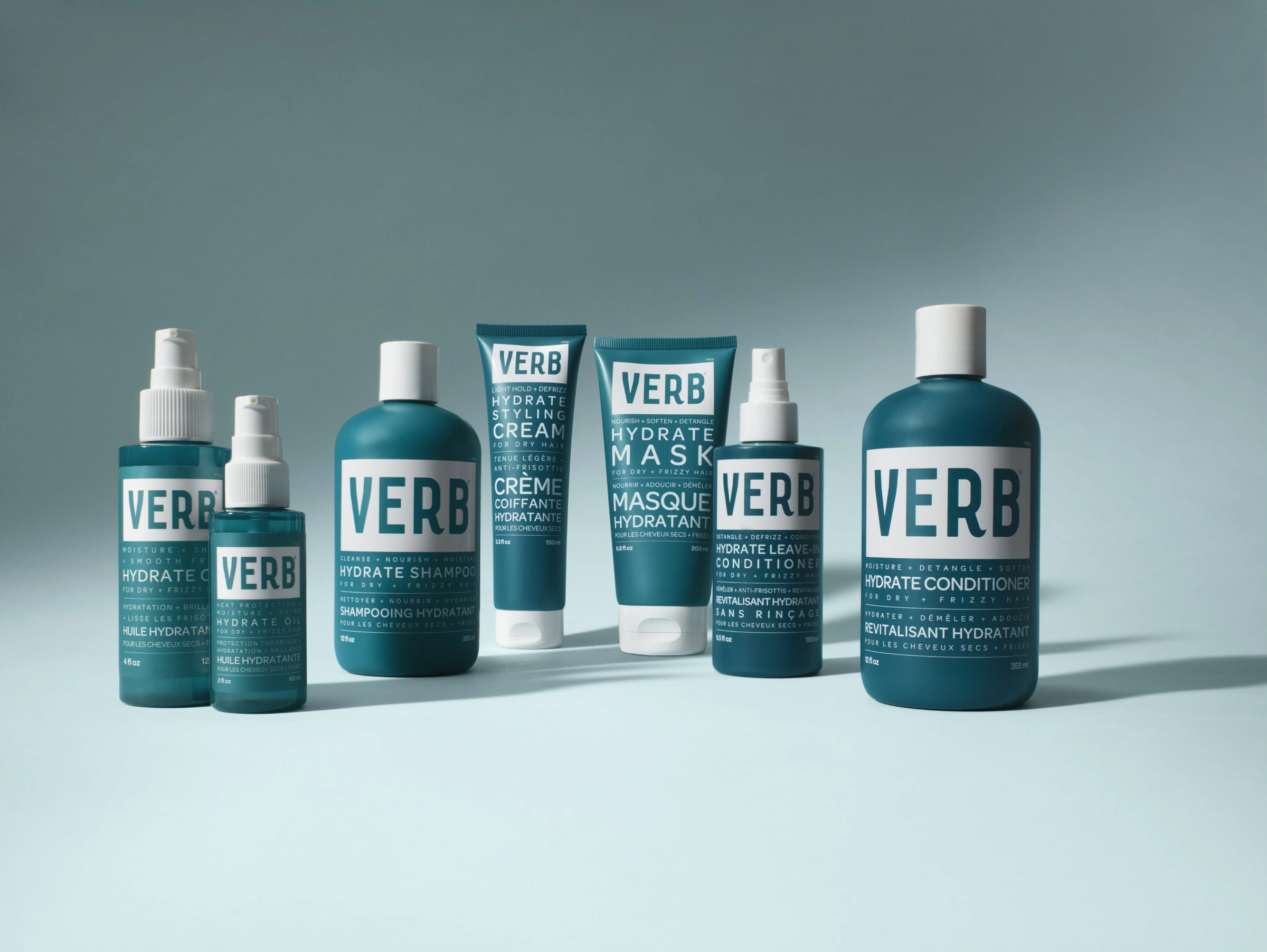 Hydrate products in teal bottles