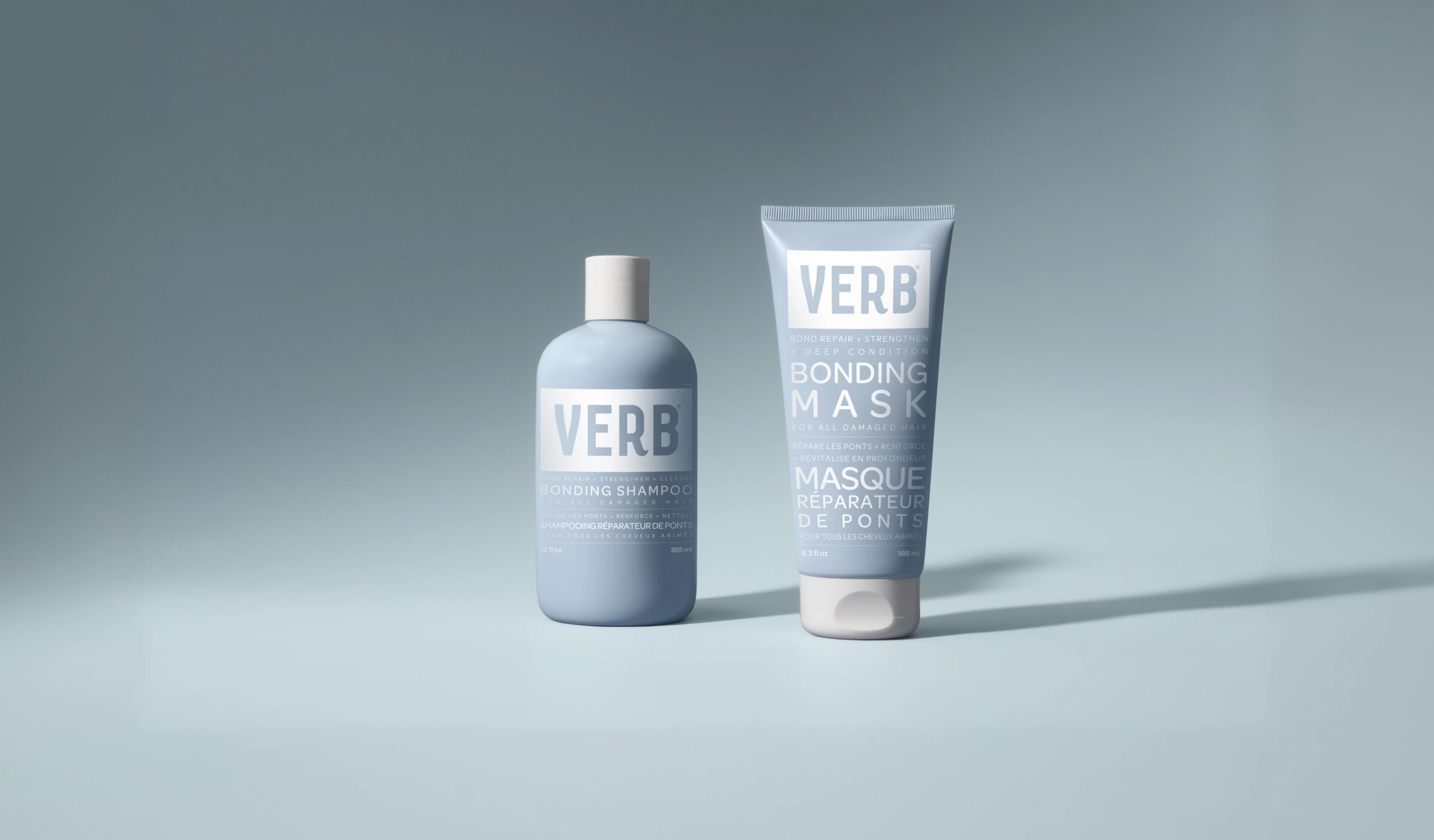 Bonding shampoo and mask in pale blue tubes