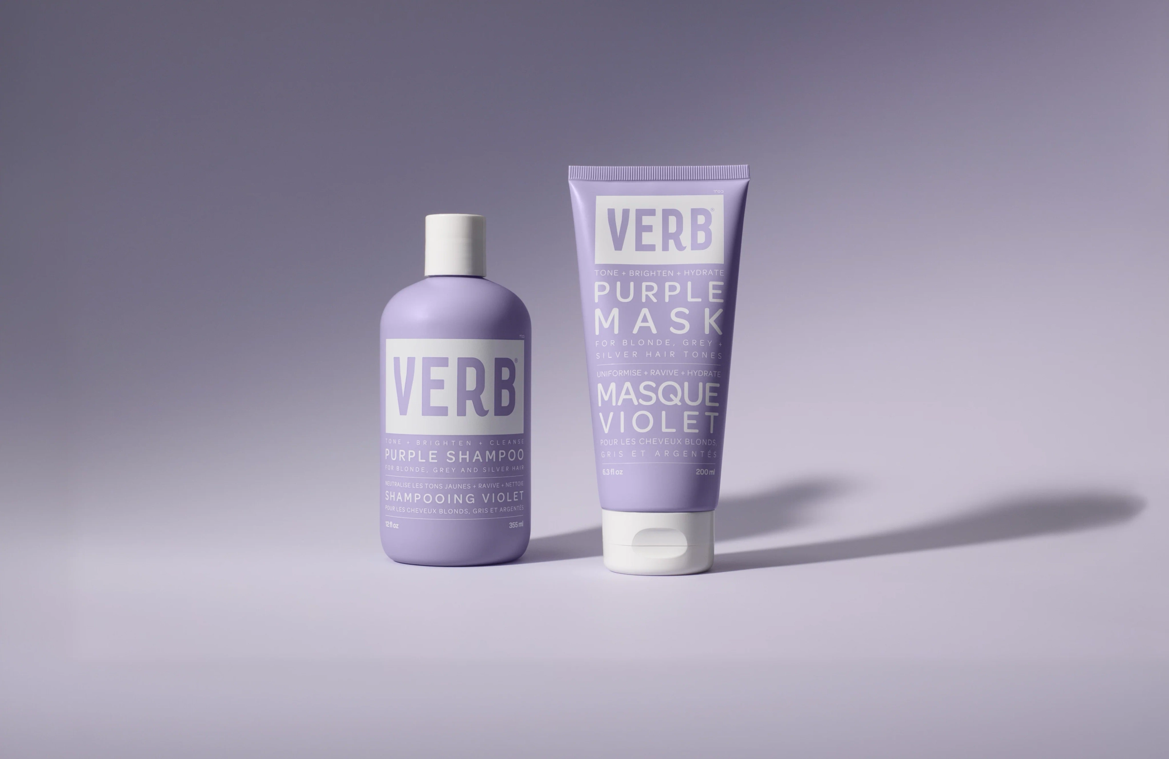 Purple shampoo and mask in violet tubes
