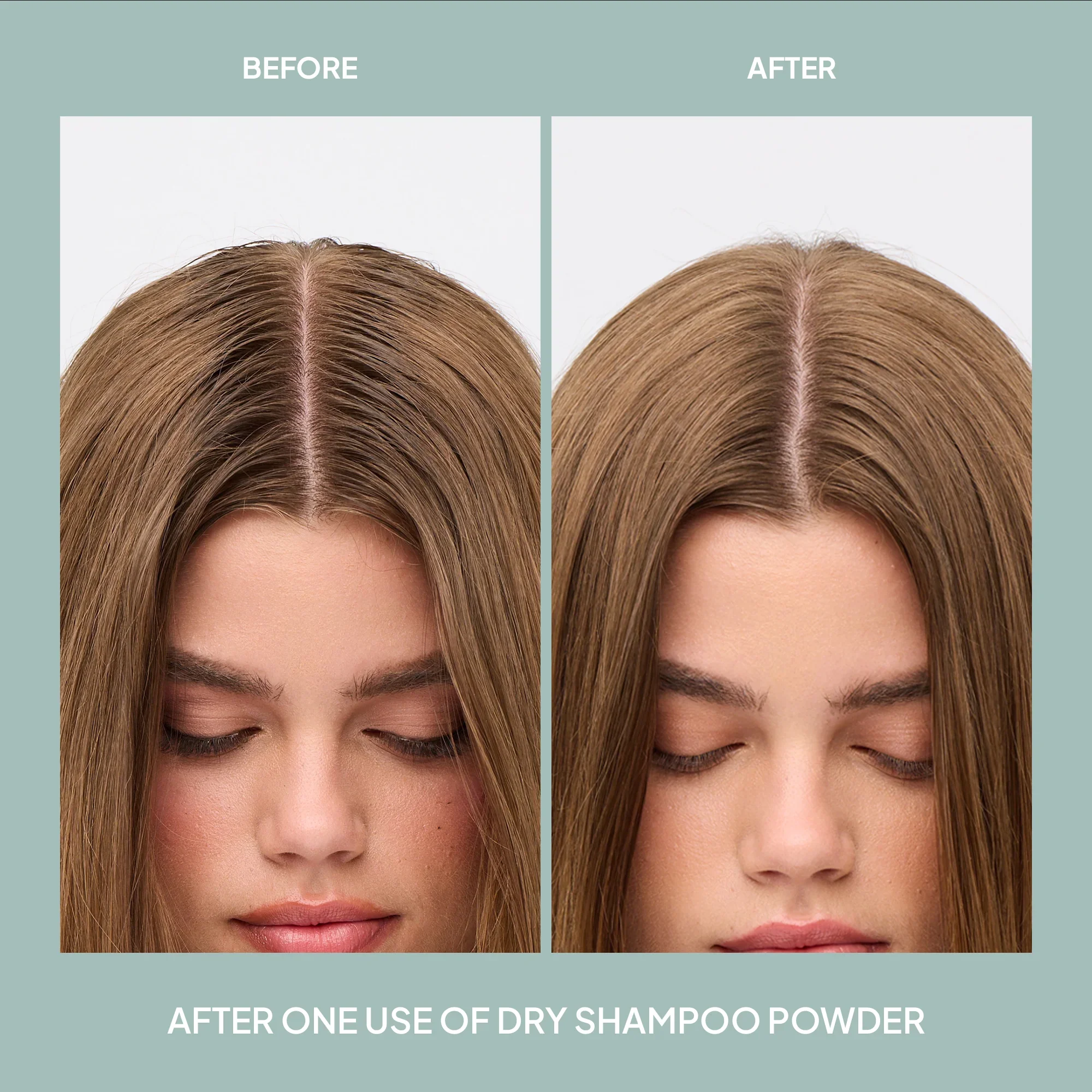 Before and after one use of dry shampoo powder